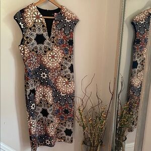 connected apparel Black Multi Medallion Print Midi Sheath Dress